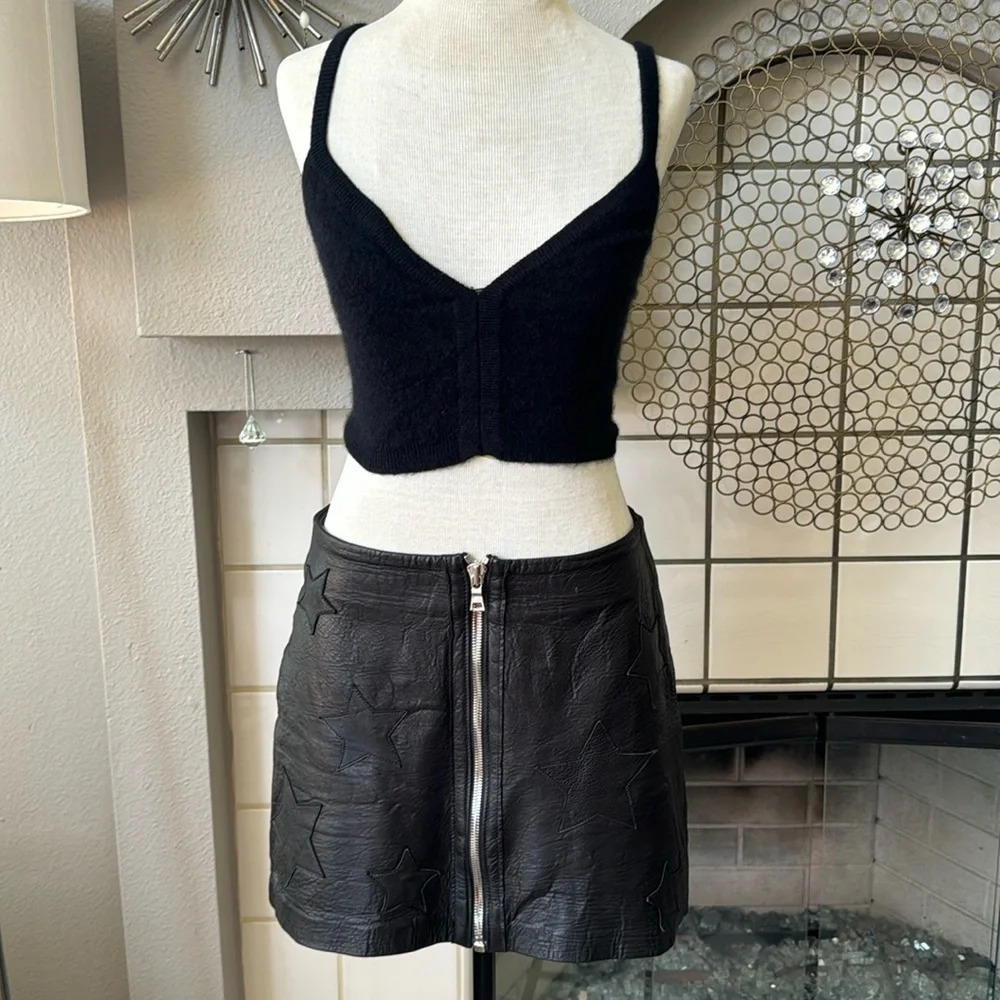 Reformation Black Leather Star Appliqué Zip Mini Skirt NWT - Picture 3 of 16